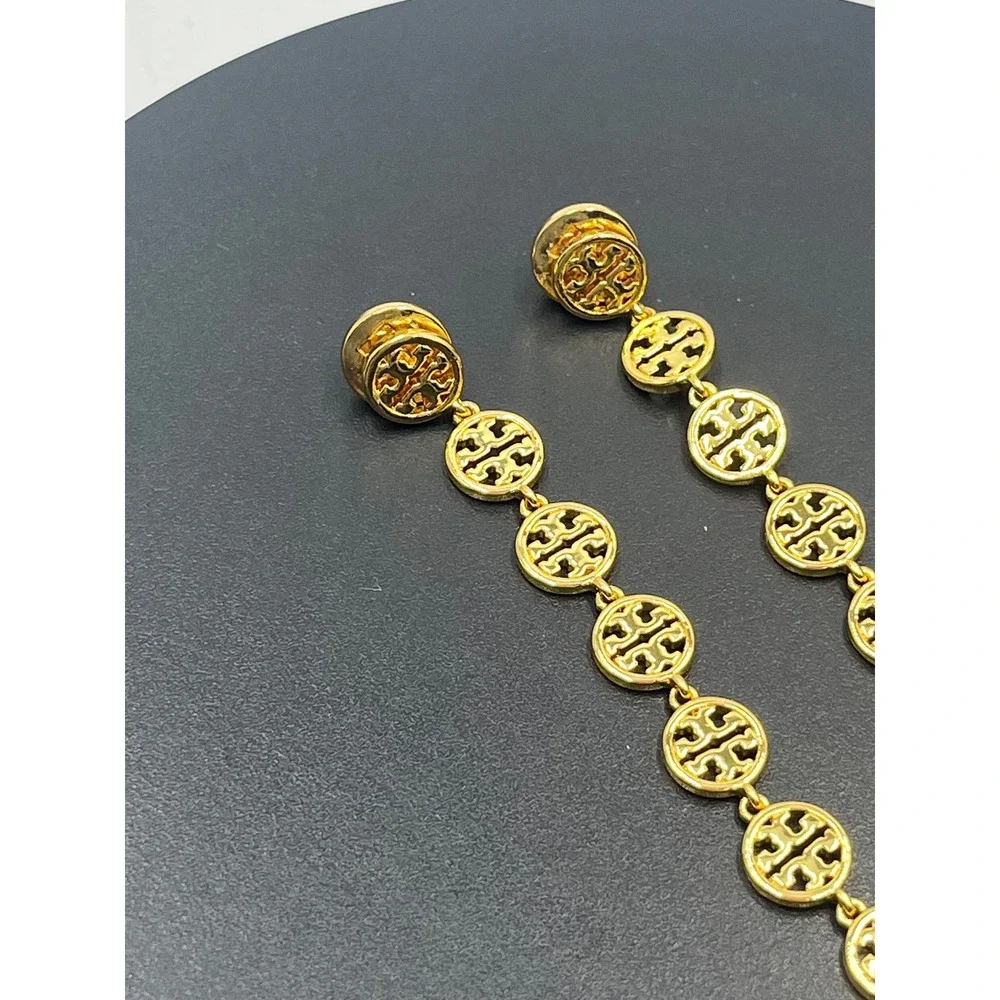 Tory Burch Gold Plated Logo Patchwork‎ Drop Linear Dangle Earrings With Backs